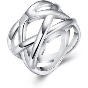 Womens Viking Celtic Knot Band Ring,S925 Sterling Silver Simple Dainty Punk Biker Gothic Cross Lines Knots Mesh Hollwed Band Ring for women Girls