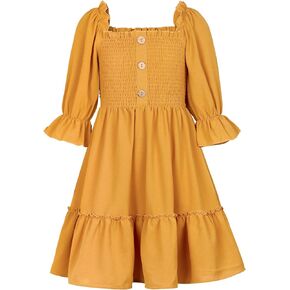 ملابس الفتيات من KANGKANG بلون سادة ورقبة مربعة نصف كم فستان قصير للربيع والصيف ملابس أطفال للفتيات in Kuwait