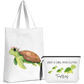 2 Pieces Turtle Gifts for Women Turtle Lover Gifts Travel Cosmetic Bags Turtle Portable Makeup Zipper Pouch and Canvas Tote Bag Reusable Turtle Gifts for Girl Woman Lady