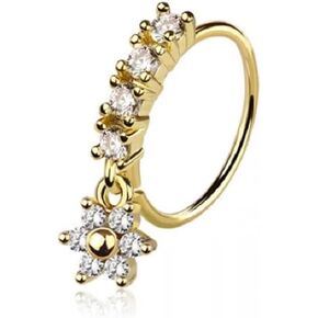 Pierced Owl 20GA 316L Stainless Steel CZ Crystal Lined Hoop with Dangling Flower Bendable Nose Ring