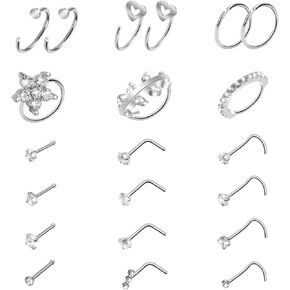 CrazyPiercing 21P Nose Ring Set 20G Hoop Nose Rings L Shape Nose Ring Stainless Steel Nose Rings Nose Piercing Stud CZ Nose Ring Jewelry for Women, 20G, Stainless Steel Cubic Zirconia, cubic zirconia in Kuwait