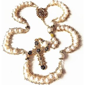elegantmedical handmade 18KGold-plated Ladder to Heaven pearl & Real AAA10mm Pearl Beads Catholic Rosary crucifix Necklace