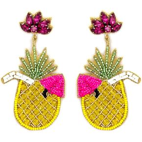 Emulily Beaded Pina Colada Drink Post Earrings Handmade Cocktail Earrings Tropical Pineapple