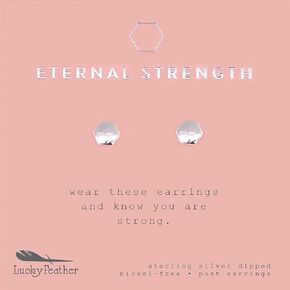 Lucky Feather Tiny Stud Hexagon Earrings for Women - Sterling Silver Plated Earrings, Represent Her Eternal Strength, Presented on Sentimental Message Card, Ideal Gifts for Women and Teen Girls