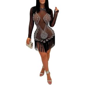CAUDIO Mesh Crystal See Through Tassel Bodycon Dress Crew Neck Long Sleeve Sexy Party Night Clubwear Hot Drilling Dresses