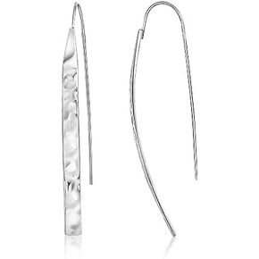 Hoops & Loops 925 Sterling Silver High Polished Hammered Long Flat Bar Threader Drop Earrings for Women and Teen Girls, Silver, Yellow & Rose Gold