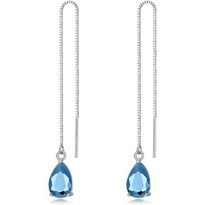 925 Sterling Silver Threader Drop Long Box Chain Ear Line Earrings with 11 * 8mm Birthstone Crystals, Birthday Jewelry Gifts for Women