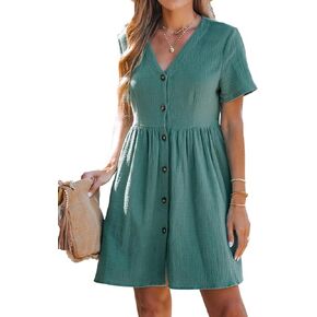 CUPSHE Women's Seersucker Button-Front Mini Dress Short Sleeves Dresses V Neck Dressing Casual Summer