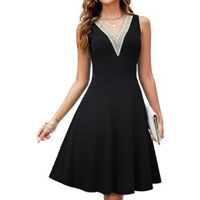 Womens Summer Lace Trim V-Neck Sleeveless Fit and Flare Tank Dresses with Pockets