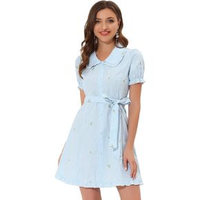 Allegra K Peter Pan Dress for Women's Ruffle Sleeve Vintage Floral Cotton Dress