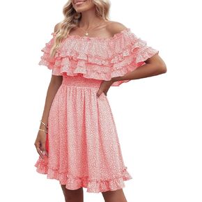 فستان Fazortev نسائي فضفاض بدون أكتاف صيفي مكشكش كاجوال برقبة مربعة وخصر مرن in Kuwait