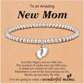 Angyape Mom to be Gift for Women, Cute Little Feet Pendant Charm Silver Bracelet Trendy Beaded Pregnant Bracelet for New Mom Pregnant Jewelry Gifts