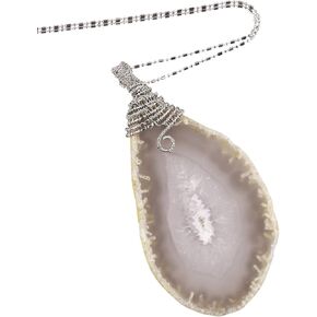 SUNYIK Natural Agate Slice Pendant Necklace for Women, Wire Wrapped Polished Geode Drusy Quartz Healing Crystal Pendants with Chain for Men, 22" Strand