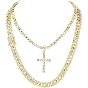 Charles Raymond Bling'ed Out Pave Hip Hop Jewelry - New Thick Iced out Cuban Necklace Combined w/Cross Tennis Diamond Pendant & Tennis Necklace - Ice 2021