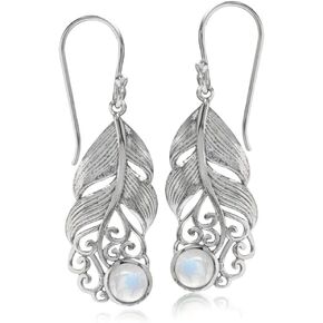 Silvershake Natural Moonstone 925 Sterling Silver Feather Victorian Style Dangle Hook Earrings