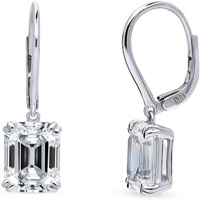 BERRICLE Sterling Silver Solitaire 7.6 Carat Emerald Cut Cubic Zirconia CZ Anniversary Leverback Dangle Drop Earrings for Women