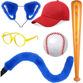 Long Fur Cat Ears Headband,Red Baseball Cap and Fur Cat Tail,Baseball Bat Inflates and Yellow Glasses Set Halloween Cat Costume Accessories Kitty Cosplay Kits