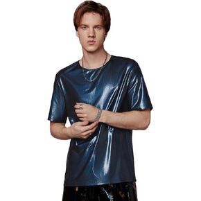 WDIRARA Men's Metallic Tee Short Sleeve Crewneck Disco Shirt Party Club Tee T-Shirt Tops