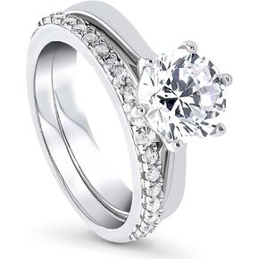 BERRICLE Sterling Silver Solitaire Wedding Engagement Rings 2 Carat Round Cubic Zirconia CZ Ring Set for Women, Rhodium Plated Size 4-10