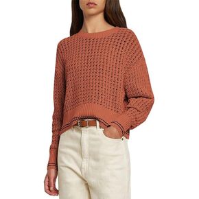 Women's Crew Neck Crochet Knit Sweater Long Sleeve Cropped Pullover Top