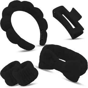 Canitor Sponge Spa Headbands Wristband Set with Hair Clips Skincare Headbands for Washing Face Non Slip Puffy Terry Cloth Makeup Headband Face Wash Wrist Bands Cute Trendy Stuff (black)