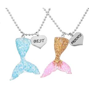 MJartoria BFF Necklaces for 2-Best Friends Nekclaces Cute Blue and Gold Color Mermaid Tail Pendant with Silver Heart Charms Best Friends Engraved Friendship Necklaces Gifts