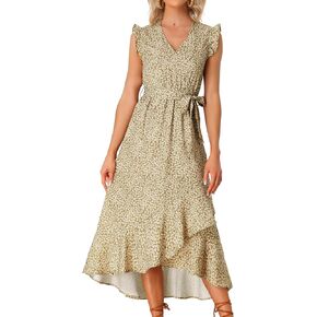 Allegra K Flowy Ruffle Midi Dress for Women's Summer Beach Sleeveless Wrap V Neck Split Midi Dresses