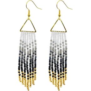 Gradient Beaded Dangle Earrings, Boho Big Large Long Beaded Tassel Earrings for Women, Handwoven Seed Bead Fringe Earrings with Triangle Frame