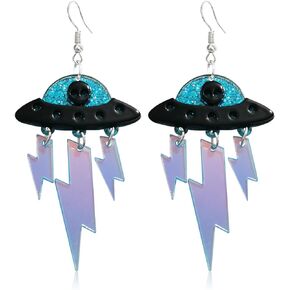 KVANU Acrylic UFO Aliens Lightning Earrings Cosmos Weird Novelty Fun Earrings Alien Earrings Glitter Space Earrings Cute Dangle Earrings for Women Girls, Multiple Colors