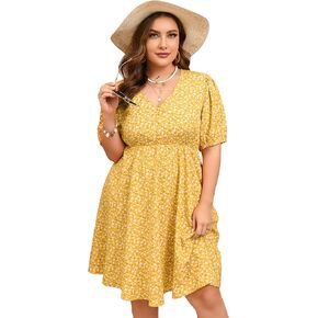 فستان ShopWonder صيفي مقاس كبير للنساء مقاس كبير ورقبة على شكل V فستان زهري وأكمام منتفخة مع جيوب in Kuwait