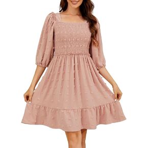 Dressystar Spring Dress for Women 2024 Casual Smocked Swiss Dot Dress Lantern Sleeve Flowy Ruffle Party Cocktail Dress