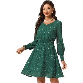 Allegra K Chiffon Dresses for Women's V-Neck Smocked Waist Party Metallic Stars Short Dress