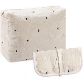 حقيبة مكياج قطنية من ليتل جريب لاند، حقيبة مستحضرات تجميل للسفر مكونة من 3 قطع، حقيبة فرش مكياج قطنية مطرزة بنجوم لطيفة للنساء والفتيات - بيج، كبيرة ومتوسطة وصغيرة in Kuwait