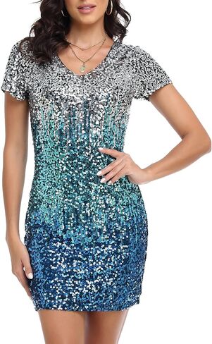 فستان نسائي من PrettyGuide مزين بالترتر اللامع ورقبة على شكل حرف V وأكمام قصيرة وحفلات النادي الصغيرة وفساتين ديسكو in Kuwait