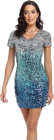 فستان نسائي من PrettyGuide مزين بالترتر اللامع ورقبة على شكل حرف V وأكمام قصيرة وحفلات النادي الصغيرة وفساتين ديسكو in Kuwait