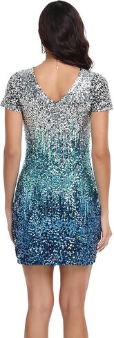 فستان نسائي من PrettyGuide مزين بالترتر اللامع ورقبة على شكل حرف V وأكمام قصيرة وحفلات النادي الصغيرة وفساتين ديسكو in Kuwait