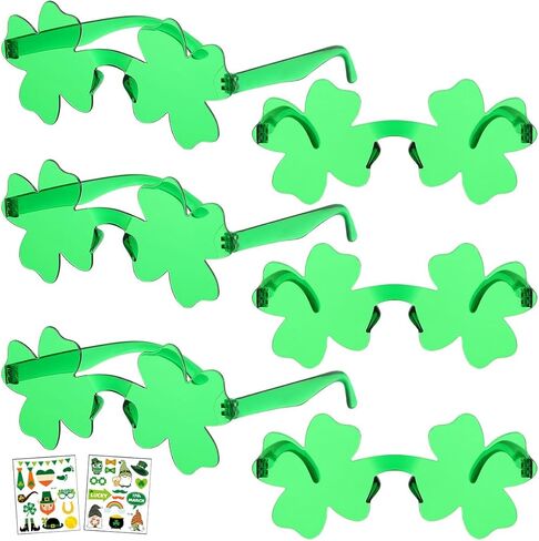 نظارات شمسية من إيميبيل سانت باتريك داي شامروك 6 قطع، نظارات حفلات شامروك البرسيم بأربعة أوراق مع ملصقين، نظارات زي بلاستيكية لهدايا الحفلات، أخضر in Kuwait
