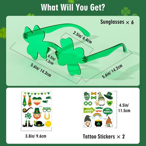 نظارات شمسية من إيميبيل سانت باتريك داي شامروك 6 قطع، نظارات حفلات شامروك البرسيم بأربعة أوراق مع ملصقين، نظارات زي بلاستيكية لهدايا الحفلات، أخضر in Kuwait