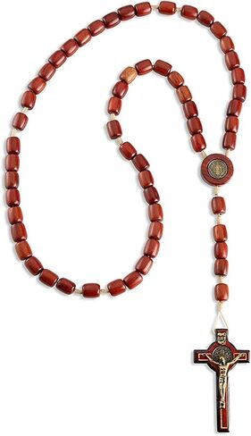 Silver Cross Necklace with Wood Beads Rosary I Religious Wear Saint Benedict I Black Cross Necklace for Men and Women I Wooden Cross Necklace for Men I Silver Cross Necklace - 20 Inch in Saudi Arabia