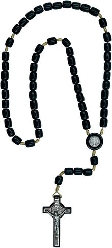 Silver Cross Necklace with Wood Beads Rosary I Religious Wear Saint Benedict I Black Cross Necklace for Men and Women I Wooden Cross Necklace for Men I Silver Cross Necklace - 20 Inch in Saudi Arabia