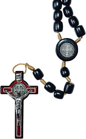 Silver Cross Necklace with Wood Beads Rosary I Religious Wear Saint Benedict I Black Cross Necklace for Men and Women I Wooden Cross Necklace for Men I Silver Cross Necklace - 20 Inch in Saudi Arabia