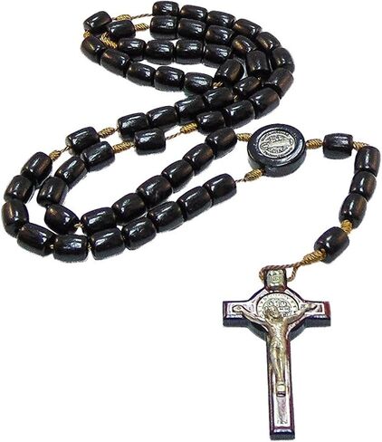 Silver Cross Necklace with Wood Beads Rosary I Religious Wear Saint Benedict I Black Cross Necklace for Men and Women I Wooden Cross Necklace for Men I Silver Cross Necklace - 20 Inch in Saudi Arabia