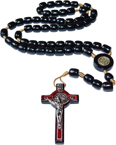 Silver Cross Necklace with Wood Beads Rosary I Religious Wear Saint Benedict I Black Cross Necklace for Men and Women I Wooden Cross Necklace for Men I Silver Cross Necklace - 20 Inch in Saudi Arabia