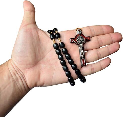 Silver Cross Necklace with Wood Beads Rosary I Religious Wear Saint Benedict I Black Cross Necklace for Men and Women I Wooden Cross Necklace for Men I Silver Cross Necklace - 20 Inch in Saudi Arabia