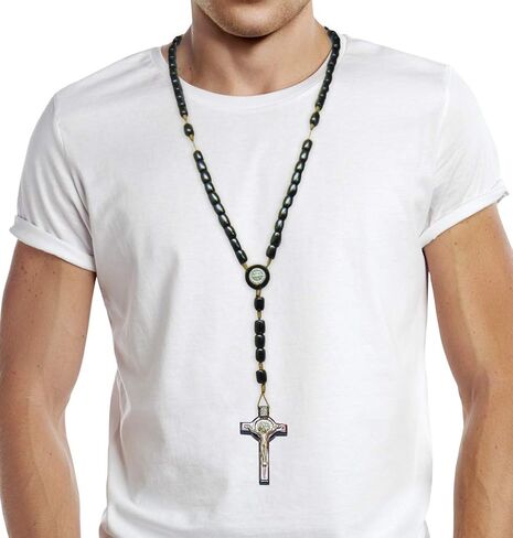 Silver Cross Necklace with Wood Beads Rosary I Religious Wear Saint Benedict I Black Cross Necklace for Men and Women I Wooden Cross Necklace for Men I Silver Cross Necklace - 20 Inch in Saudi Arabia