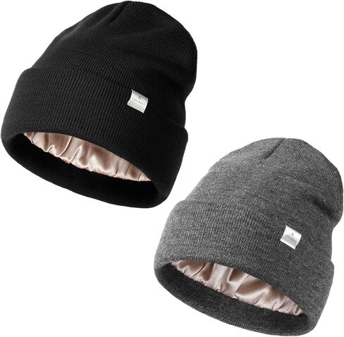 يانبيست قبعة صغيرة محبوكة مبطنة بالساتان للنساء والرجال من الاكريليك ببطانة حريرية ناعمة وفضفاضة ودافئة باساور عريضة in Kuwait