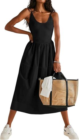 Fisoew Womens Summer Cami Dress V Neck Backless Adjustable Straps Sleeveless A Line Dress with Pocket in Saudi Arabia