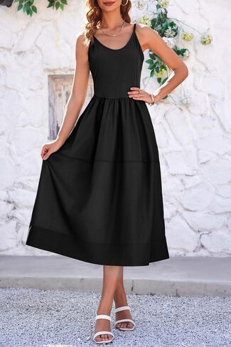 Fisoew Womens Summer Cami Dress V Neck Backless Adjustable Straps Sleeveless A Line Dress with Pocket in Saudi Arabia