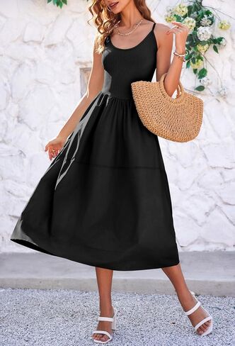 Fisoew Womens Summer Cami Dress V Neck Backless Adjustable Straps Sleeveless A Line Dress with Pocket in Saudi Arabia