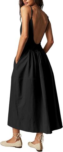 Fisoew Womens Summer Cami Dress V Neck Backless Adjustable Straps Sleeveless A Line Dress with Pocket in Saudi Arabia